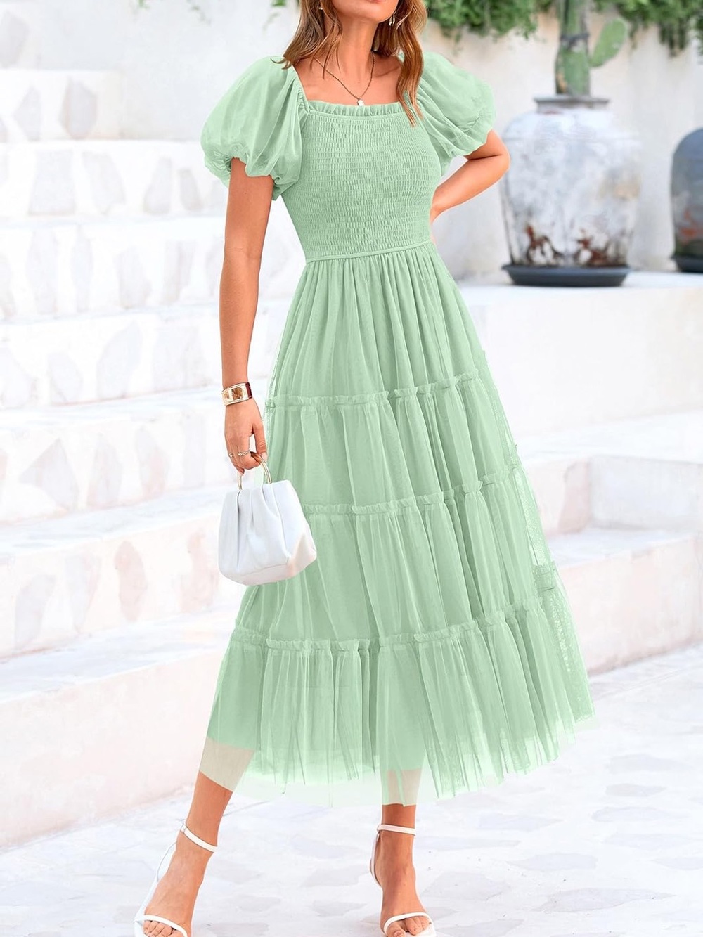 Smocked Bodice Puff Sleeve Maxi Dress in Mint Green